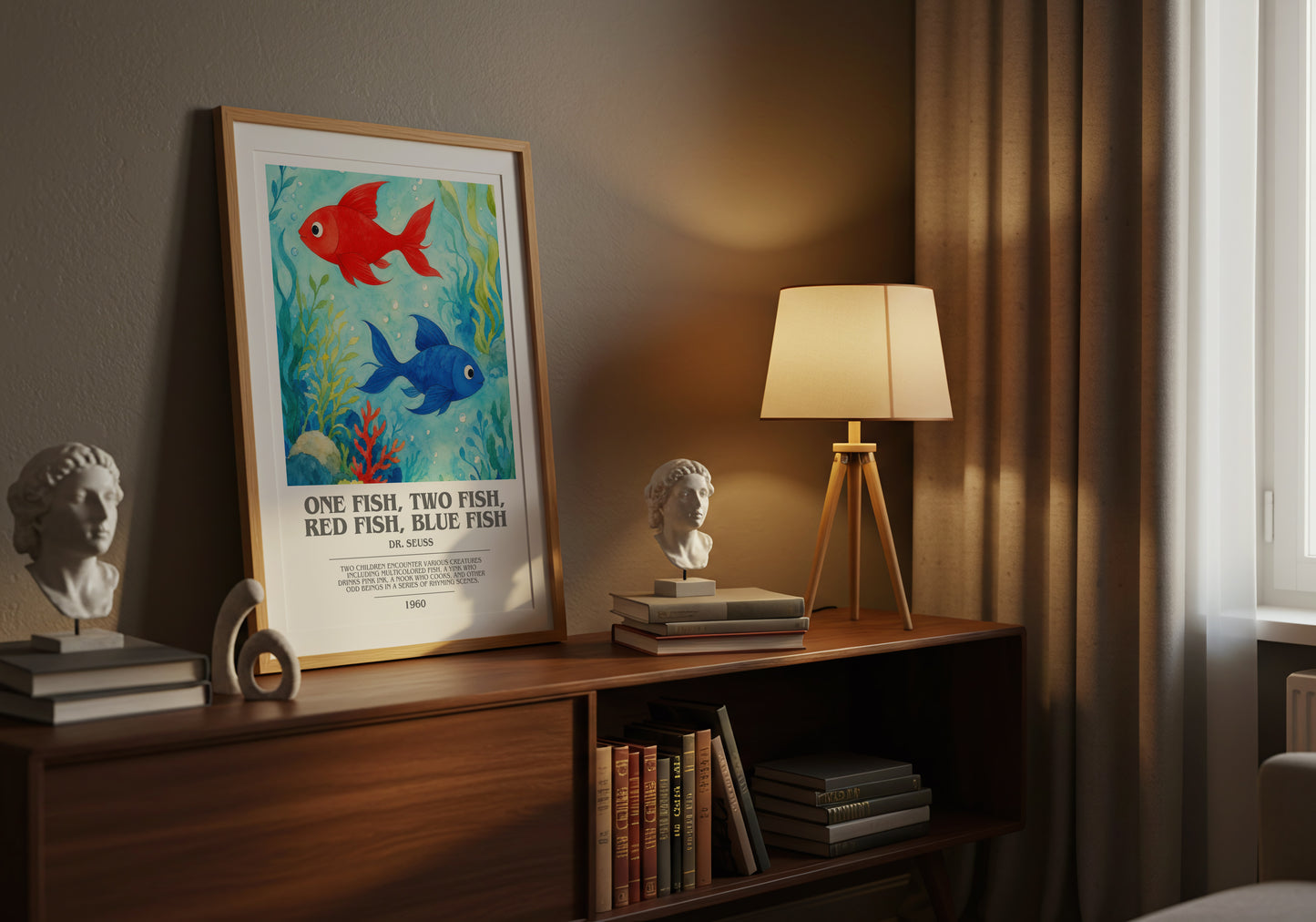 One Fish, Two Fish, Red Fish, Blue Fish bookish book poster framed on wall – childrens wall art