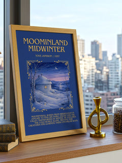 Moominland Midwinter Minimalist Book Poster by Tove Jansson – framed print on a city-view windowsill