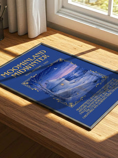 Moominland Midwinter Minimalist Book Poster by Tove Jansson – print on a sunlit desk