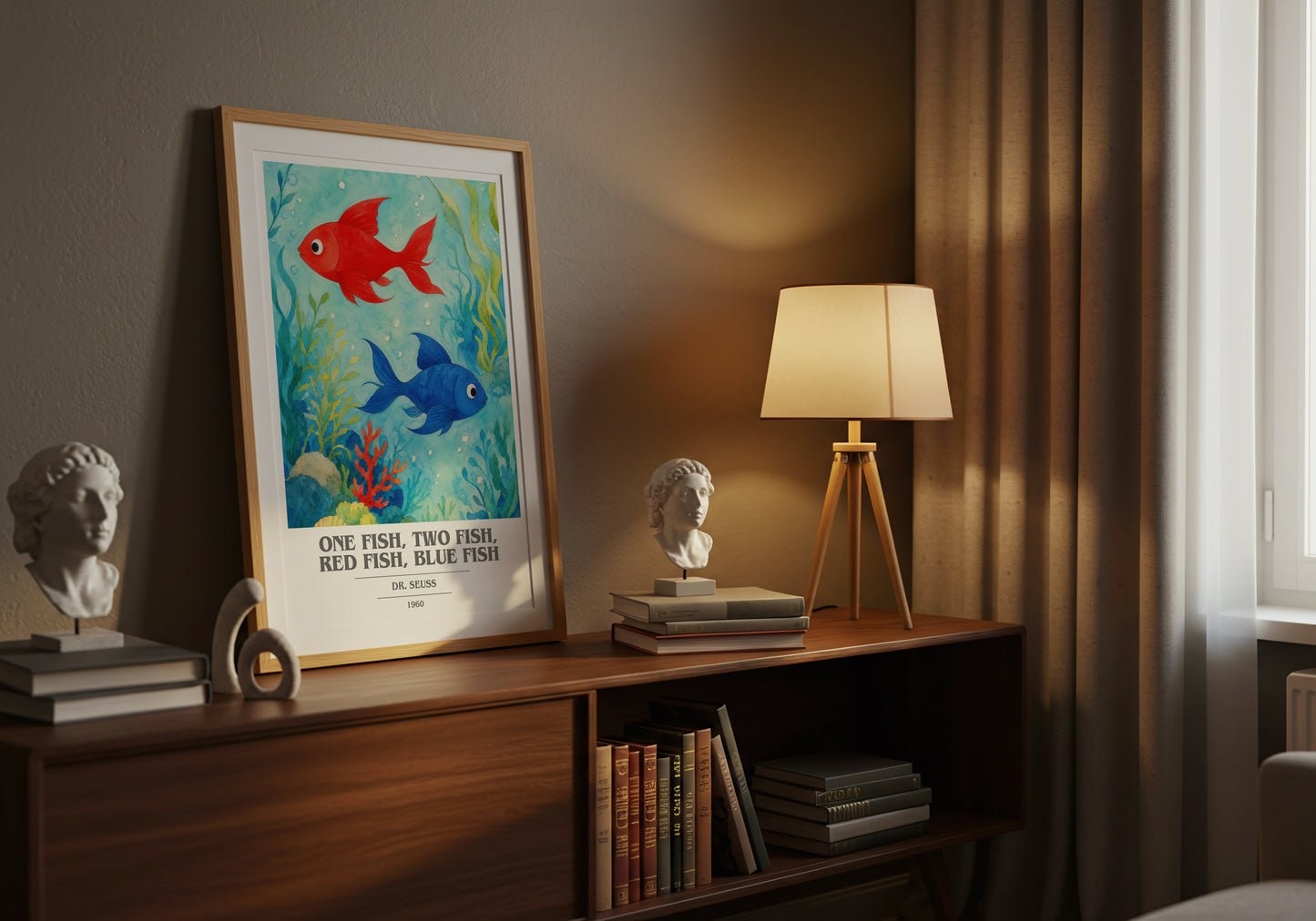 One Fish, Two Fish, Red Fish, Blue Fish book cover book poster framed on wall – childrens wall art
