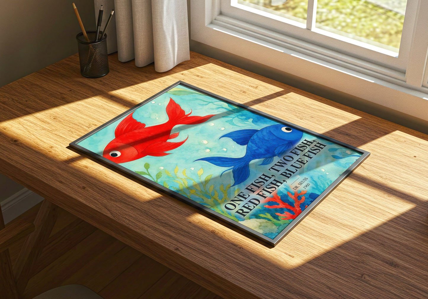 One Fish, Two Fish, Red Fish, Blue Fish watercolour book poster framed on wall – childrens wall art