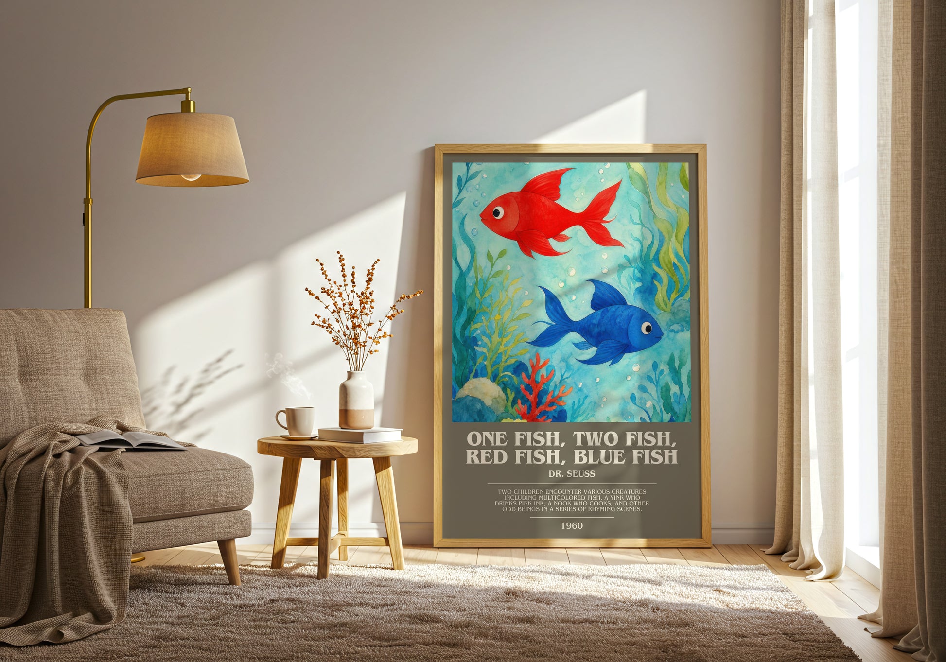 One Fish, Two Fish, Red Fish, Blue Fish bookish print on bookshelf – Dr. Seuss fan gift