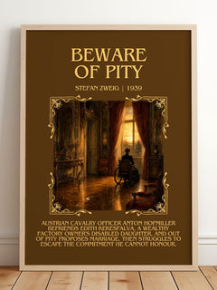 Beware Of Pity Minimalist Book Poster by Stefan Zweig – framed print leaning on a wooden floor