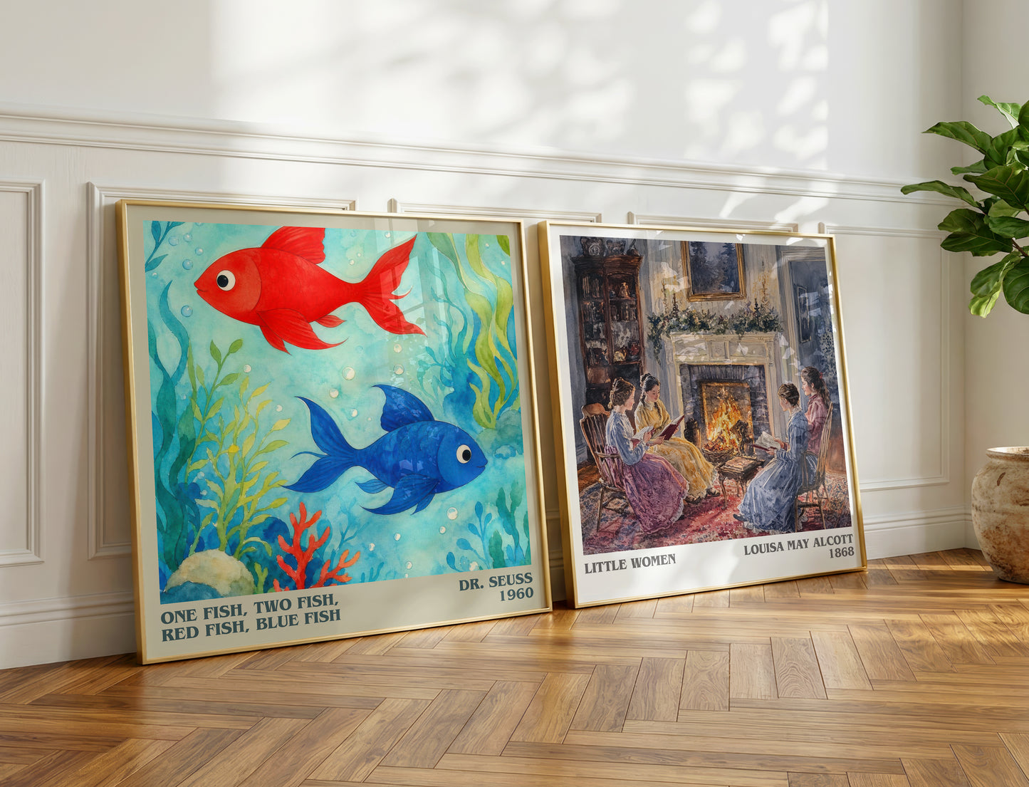 One Fish, Two Fish, Red Fish, Blue Fish literary print on bookshelf – Dr. Seuss fan gift
