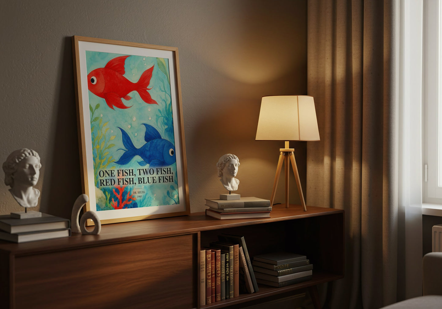 One Fish, Two Fish, Red Fish, Blue Fish watercolour print on bookshelf – Dr. Seuss fan gift