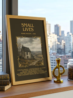 Small Lives Minimalist Book Poster by Pierre Michon – framed print on a city-view windowsill