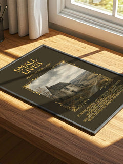 Small Lives Minimalist Book Poster by Pierre Michon – print on a sunlit desk