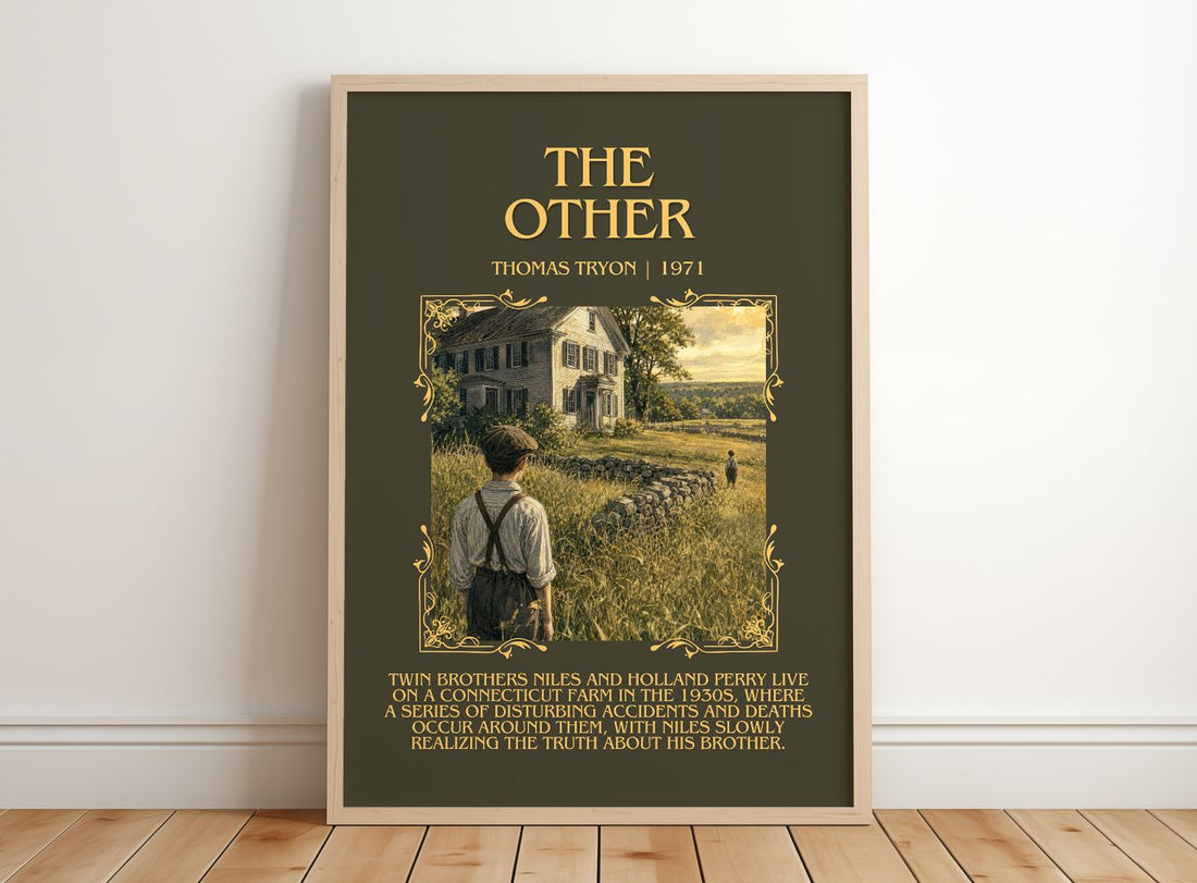 The Other Minimalist Book Poster by Thomas Tryon – framed print leaning on a wooden floor