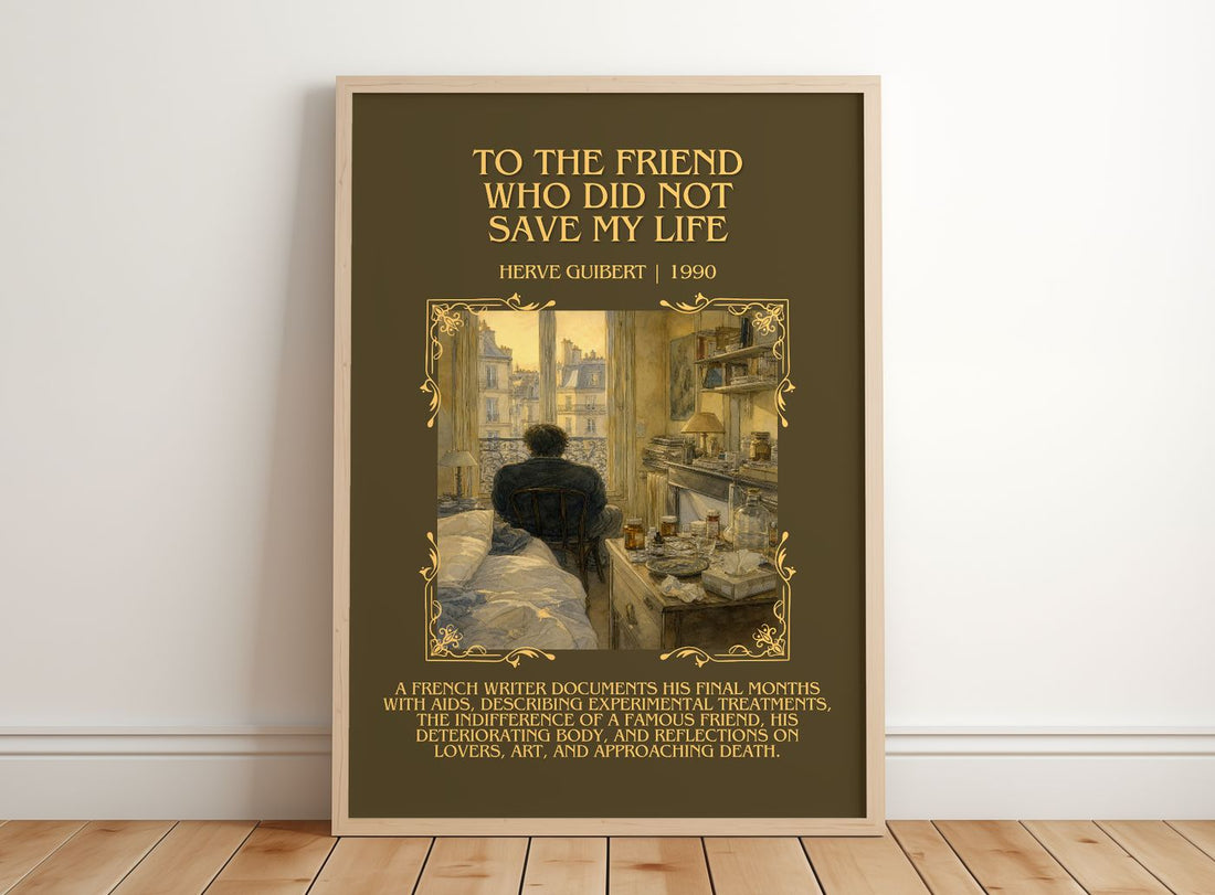 To The Friend Who Did Not Save My Life Minimalist Book Poster by Hervé Guibert – framed print leaning on a wooden floor