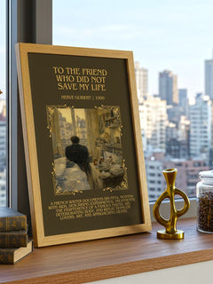 To The Friend Who Did Not Save My Life Minimalist Book Poster by Hervé Guibert – framed print on a city-view windowsill
