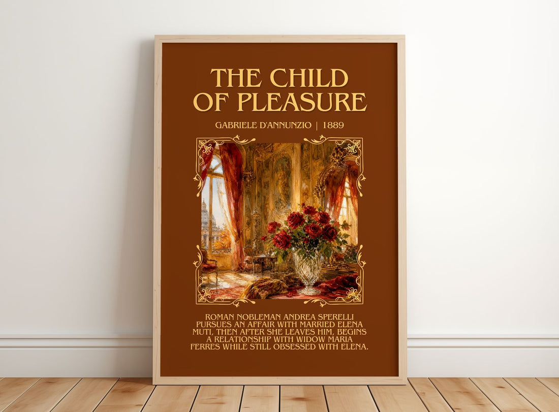 The Child Of Pleasure Minimalist Book Poster by Gabriele D'Annunzio – framed print leaning on a wooden floor
