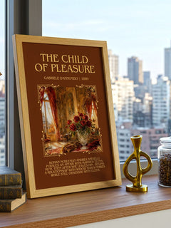 The Child Of Pleasure Minimalist Book Poster by Gabriele D'Annunzio – framed print on a city-view windowsill