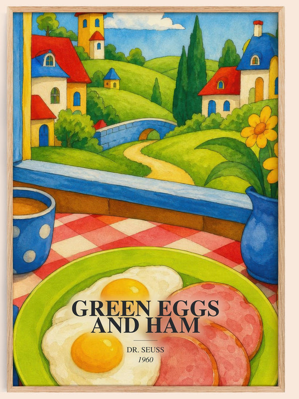 Green Eggs And Ham watercolour book poster by Dr. Seuss – framed literary art print