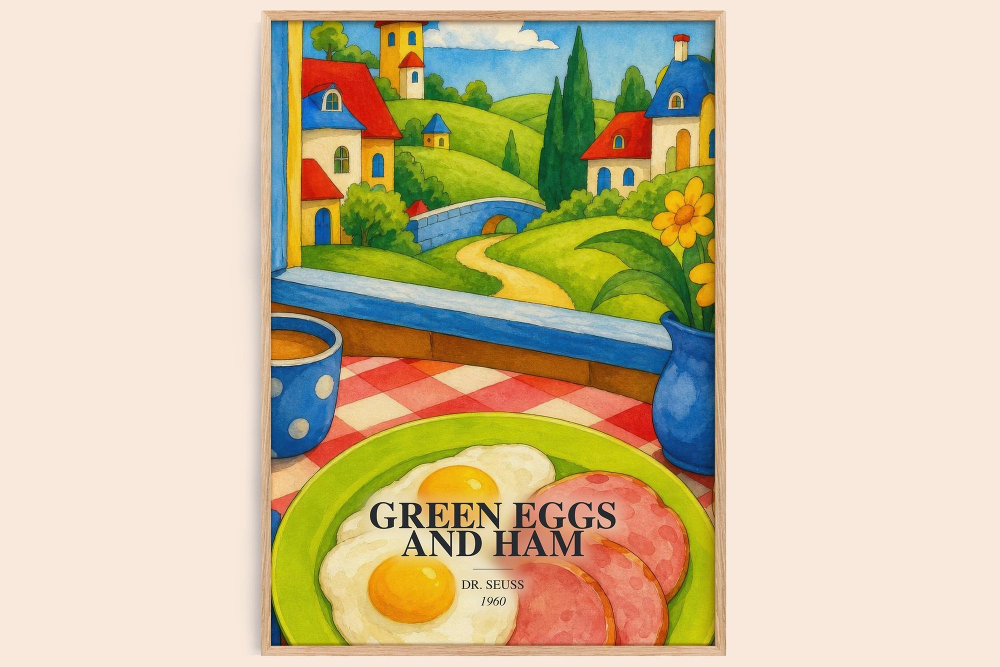 Green Eggs And Ham watercolour book poster by Dr. Seuss – framed literary art print