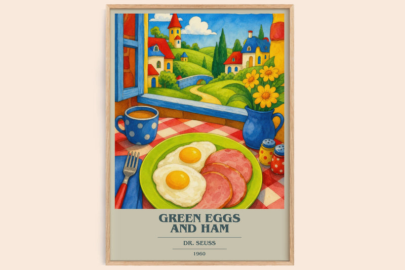 Green Eggs And Ham book cover book poster by Dr. Seuss – framed literary art print