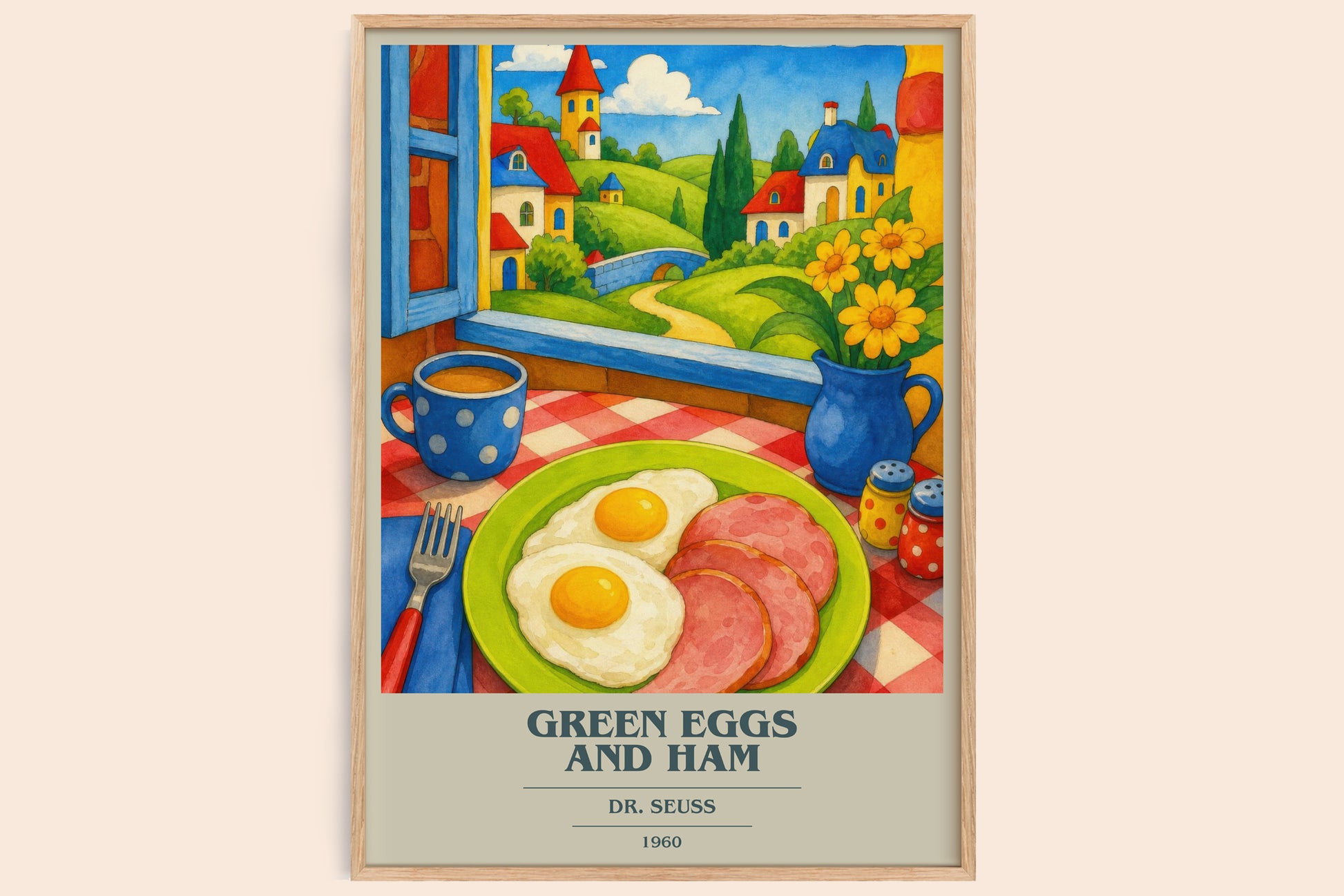 Green Eggs And Ham book cover book poster by Dr. Seuss – framed literary art print