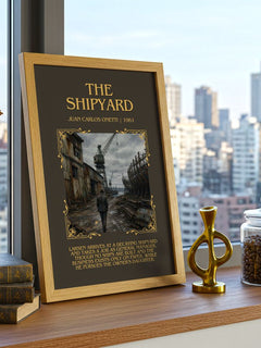 The Shipyard Minimalist Book Poster by Juan Carlos Onetti – framed print on a city-view windowsill