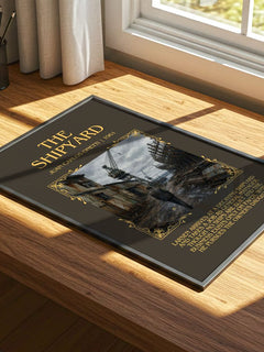 The Shipyard Minimalist Book Poster by Juan Carlos Onetti – print on a sunlit desk