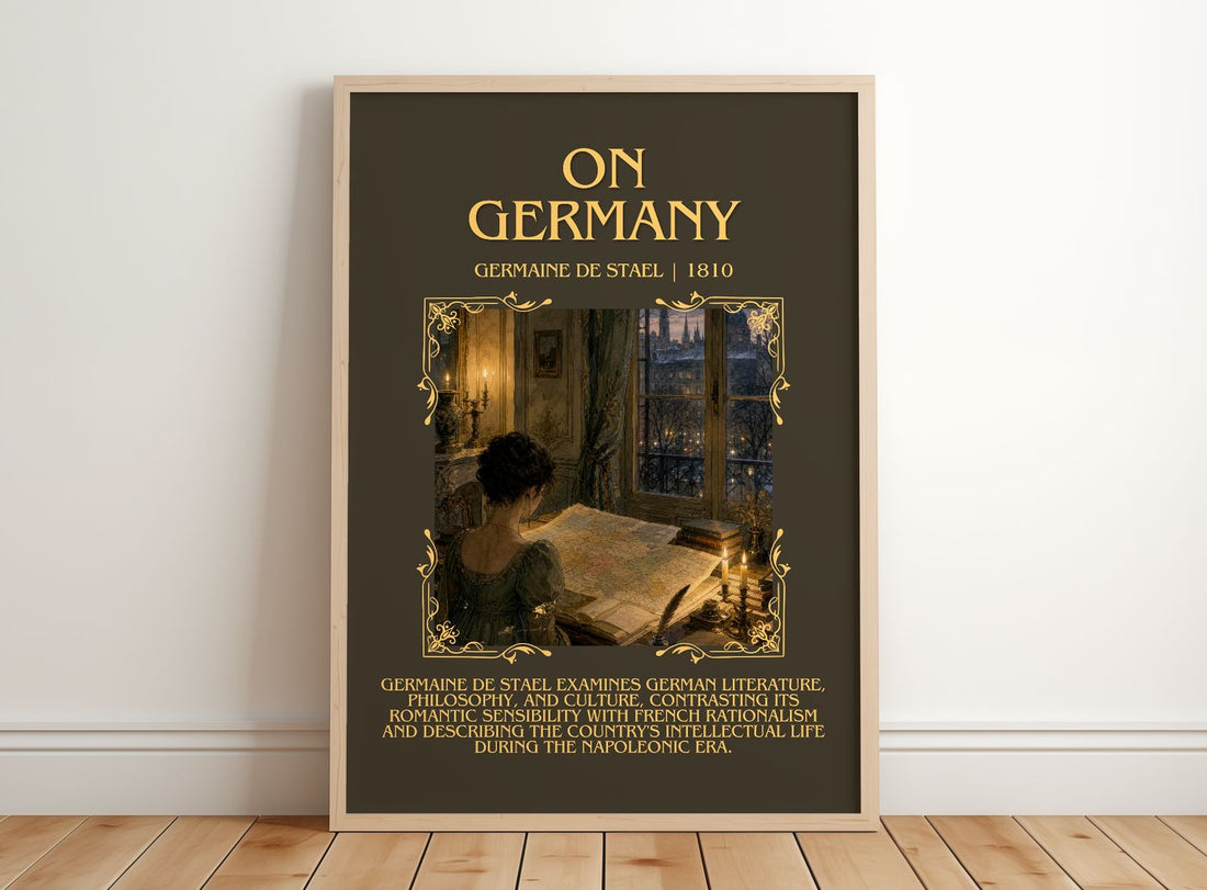 On Germany Minimalist Book Poster by Germaine de Staël – framed print leaning on a wooden floor