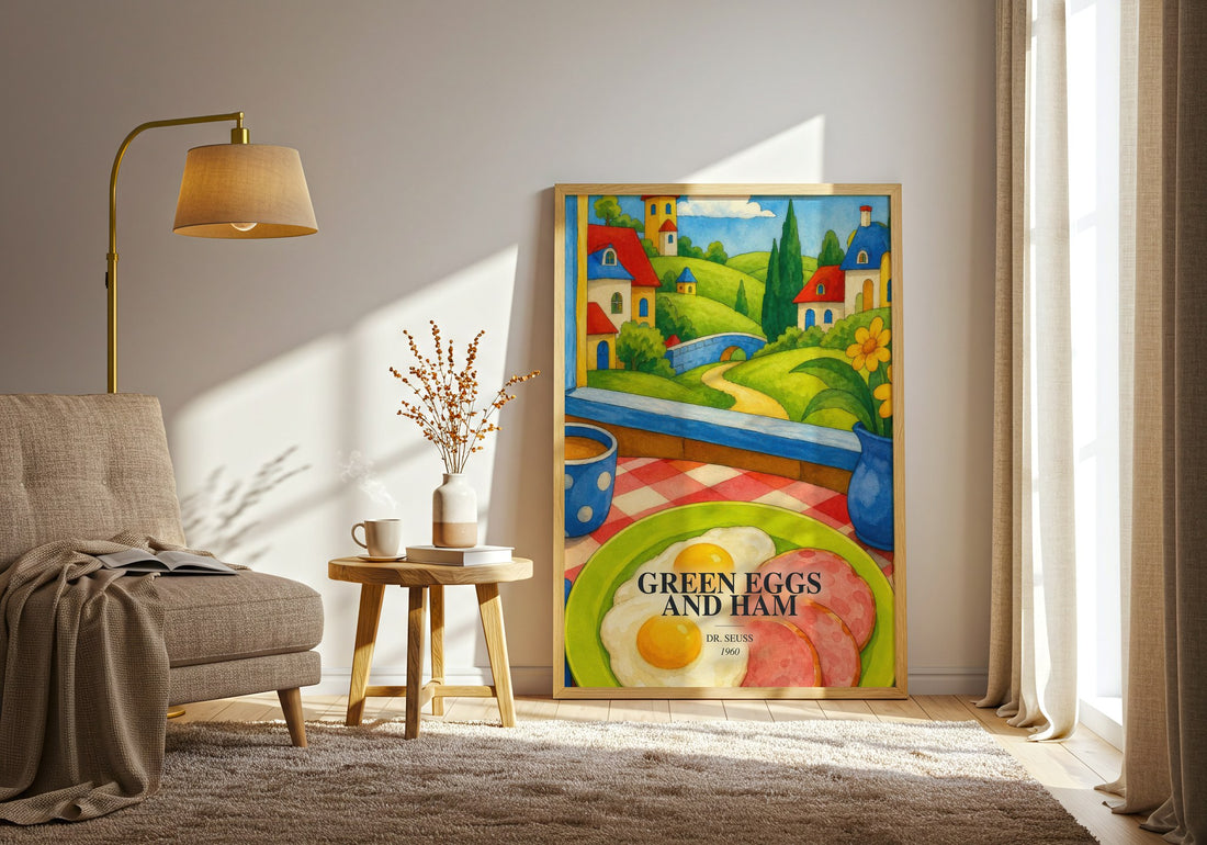 Green Eggs And Ham watercolour print in frame leaning in hallway – childrens wall art (mockup)