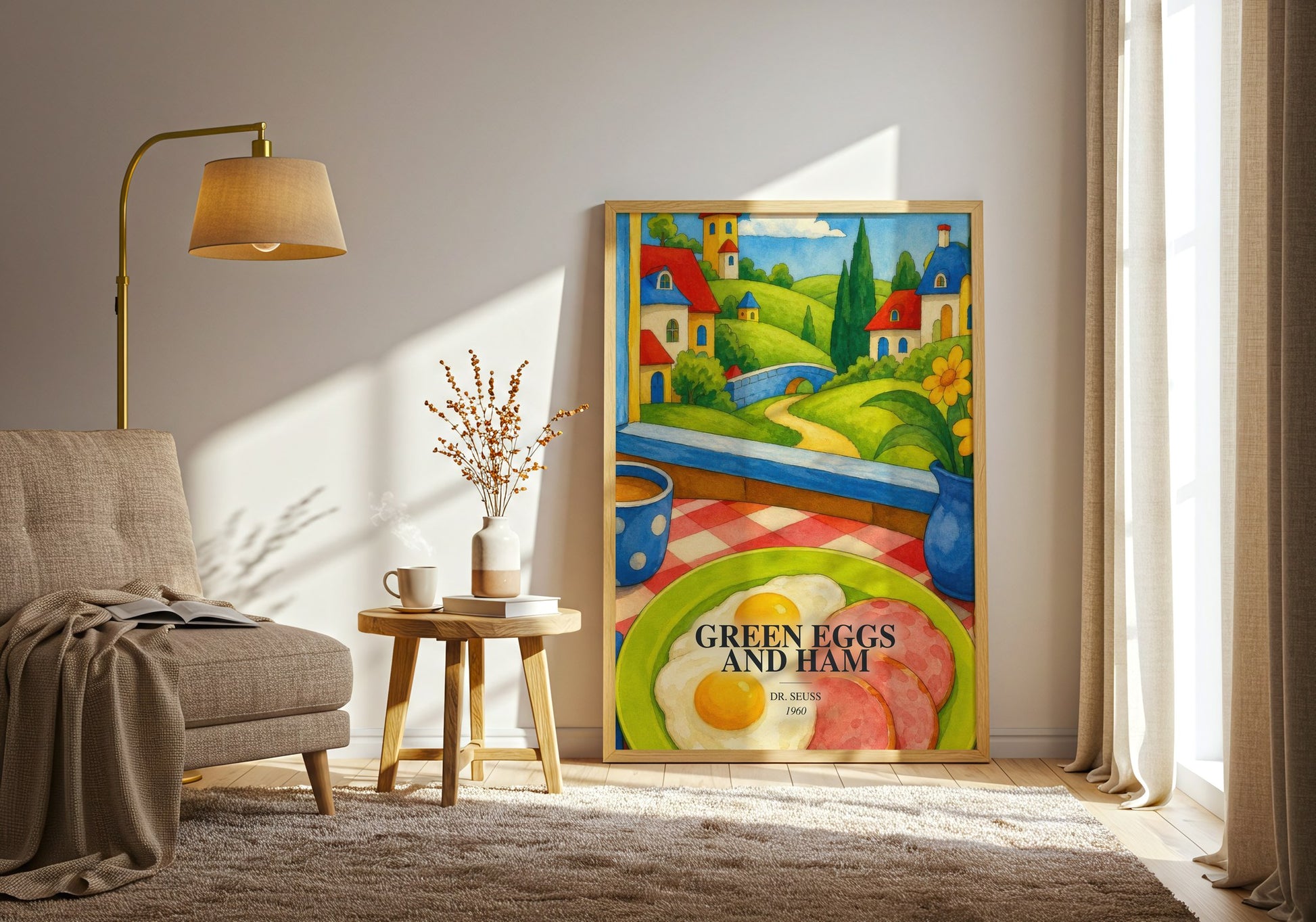 Green Eggs And Ham watercolour print in frame leaning in hallway – childrens wall art