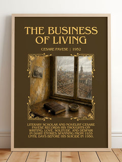 The Business of Living Minimalist Book Poster by Cesare Pavese – framed print leaning on a wooden floor