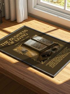 The Business of Living Minimalist Book Poster by Cesare Pavese – print on a sunlit desk