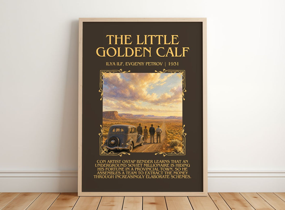 Little Golden Calf Minimalist Book Poster by Ilya Ilf, Evgeniy Petrov – framed print leaning on a wooden floor