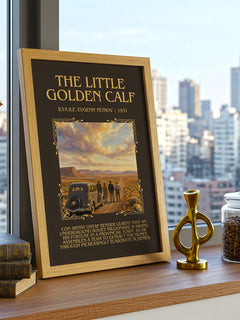 Little Golden Calf Minimalist Book Poster by Ilya Ilf, Evgeniy Petrov – framed print on a city-view windowsill