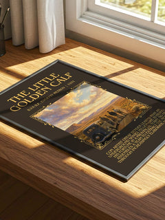 Little Golden Calf Minimalist Book Poster by Ilya Ilf, Evgeniy Petrov – print on a sunlit desk