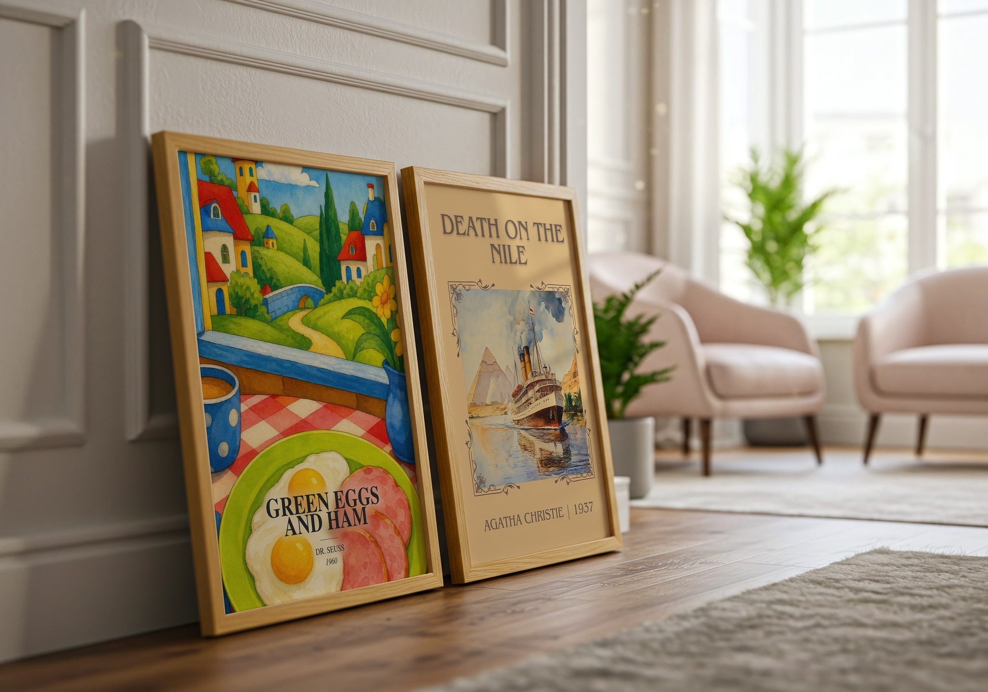 Green Eggs And Ham watercolour print framed by window – literary home decor