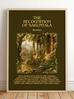 The Recognition of Sakuntala Minimalist Book Poster by Kālidāsa – framed print leaning on a wooden floor