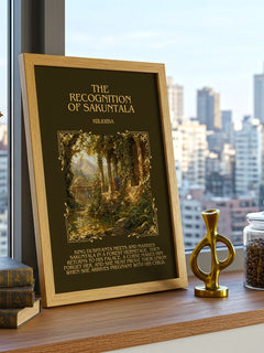 The Recognition of Sakuntala Minimalist Book Poster by Kālidāsa – framed print on a city-view windowsill