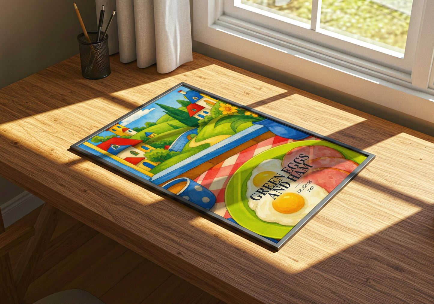 Green Eggs And Ham watercolour book poster framed on wall – childrens wall art