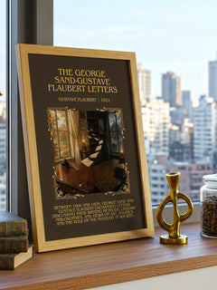 The George Sand-Gustave Flaubert Letters Minimalist Book Poster by Gustave Flaubert – framed print on a city-view windowsill