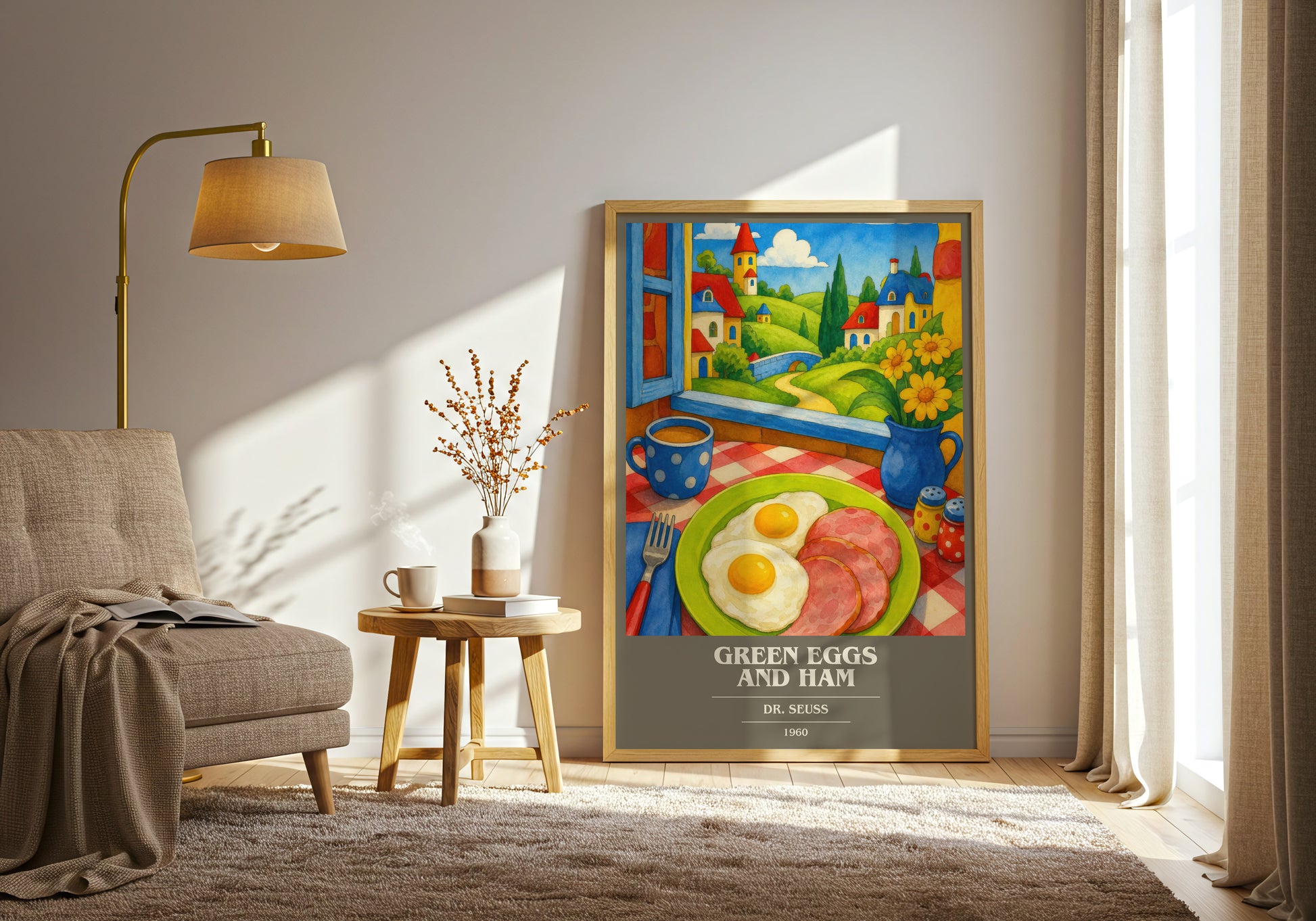 Green Eggs And Ham book cover print on bookshelf – Dr. Seuss fan gift