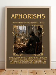 Aphorisms Minimalist Book Poster by Georg Christoph Lichtenberg – framed print leaning on a wooden floor