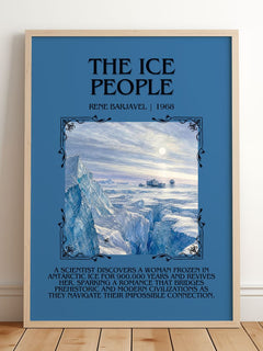 The Ice People Minimalist Book Poster by René Barjavel – framed print leaning on a wooden floor