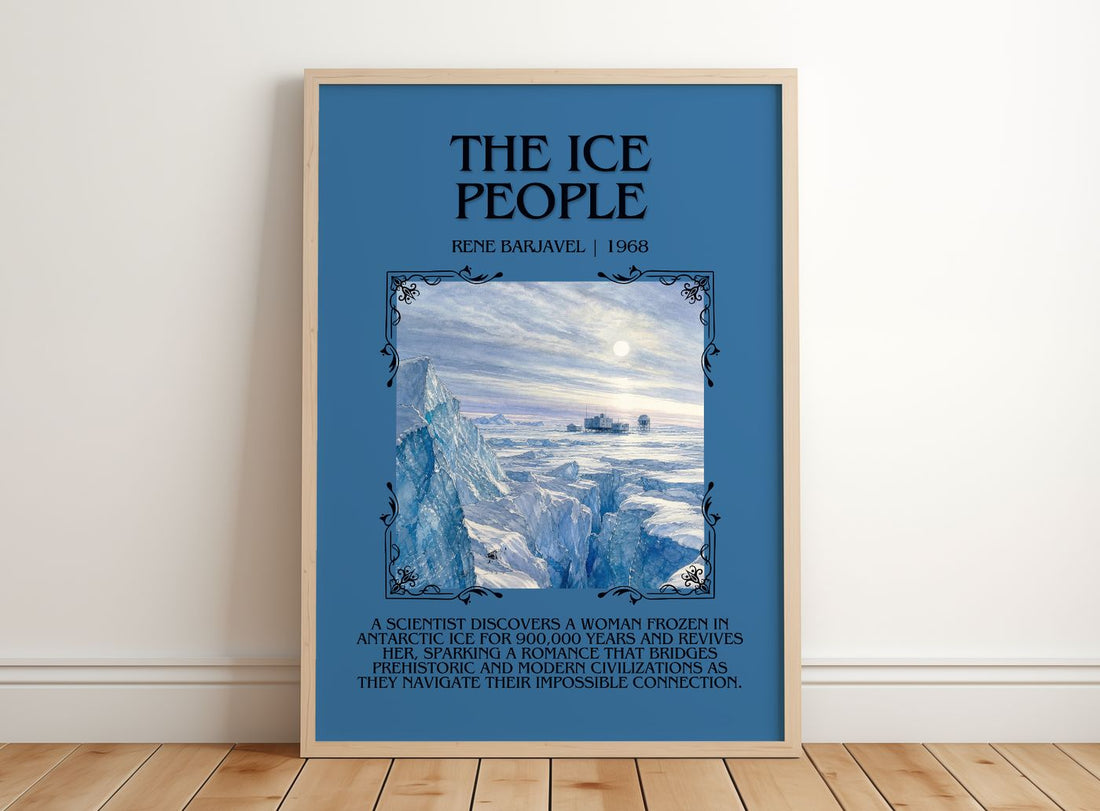The Ice People Minimalist Book Poster by René Barjavel – framed print leaning on a wooden floor