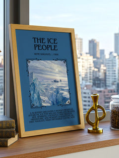 The Ice People Minimalist Book Poster by René Barjavel – framed print on a city-view windowsill