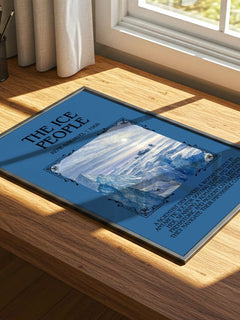 The Ice People Minimalist Book Poster by René Barjavel – print on a sunlit desk