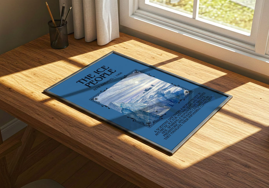 The Ice People Minimalist Book Poster by René Barjavel – print on a sunlit desk