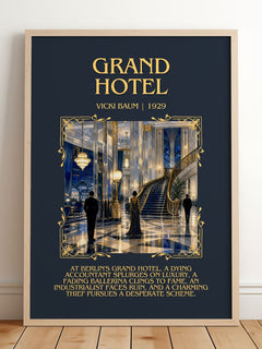 Grand Hotel Minimalist Book Poster by Vicki Baum – framed print leaning on a wooden floor