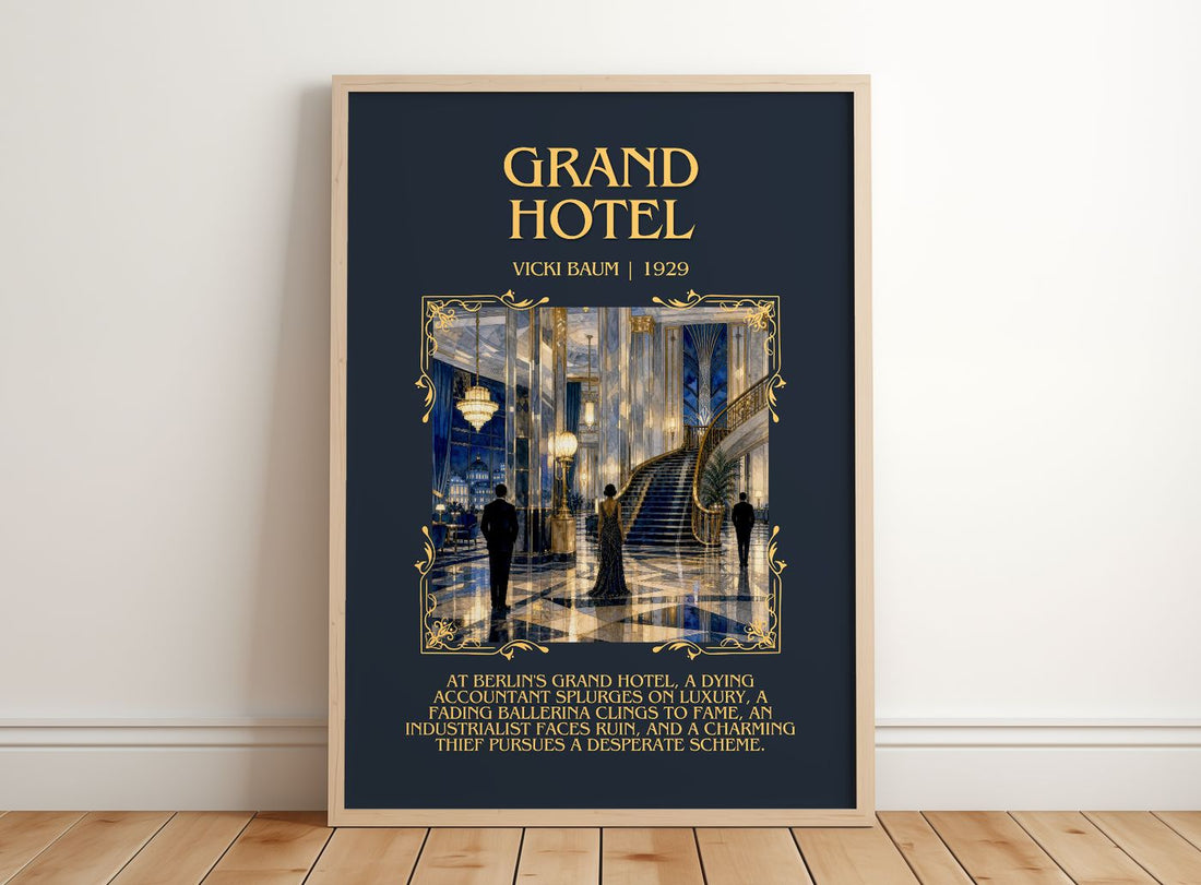 Grand Hotel Minimalist Book Poster by Vicki Baum – framed print leaning on a wooden floor