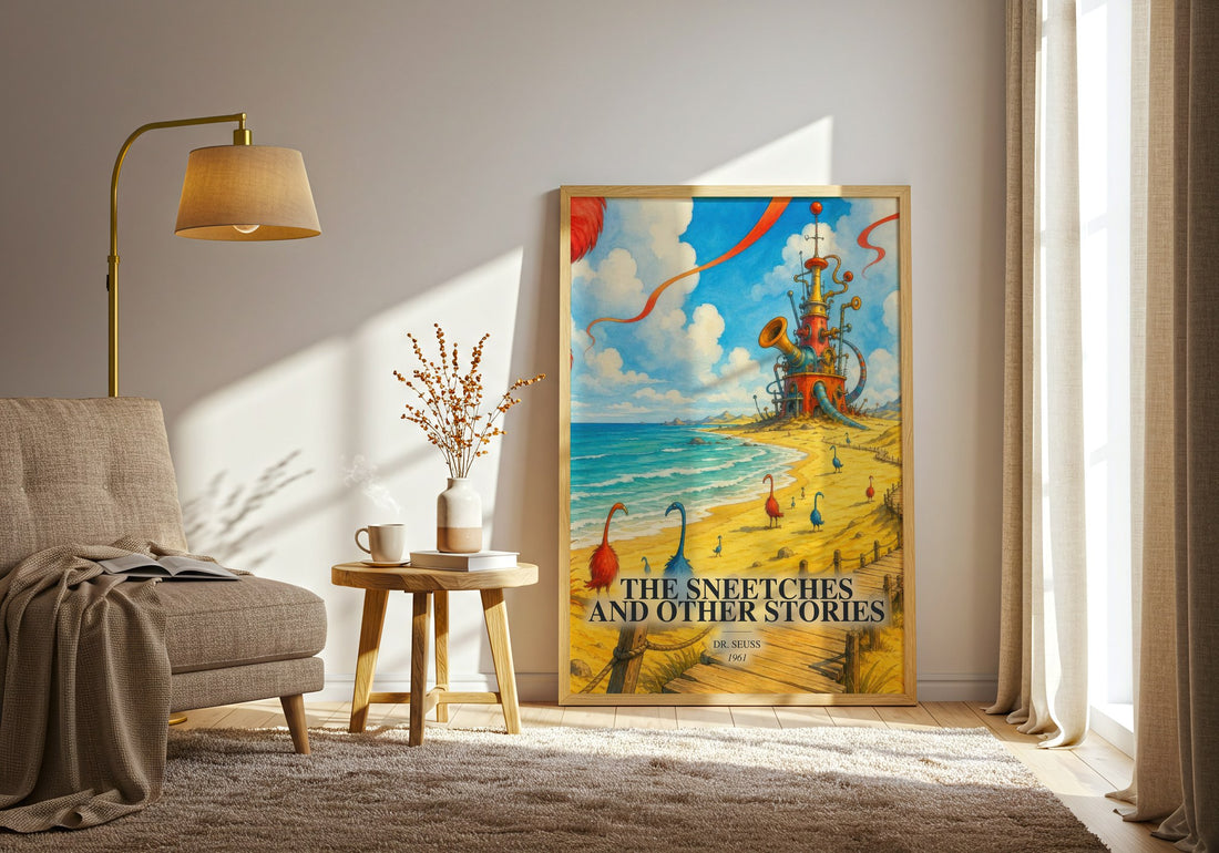 The Sneetches And Other Stories watercolour print in frame leaning in hallway – childrens wall art (mockup)