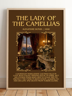 The Lady Of The Camellias Minimalist Book Poster by Alexandre Dumas – framed print leaning on a wooden floor