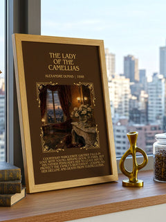 The Lady Of The Camellias Minimalist Book Poster by Alexandre Dumas – framed print on a city-view windowsill