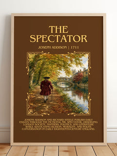 The Spectator Minimalist Book Poster by Joseph Addison – framed print leaning on a wooden floor
