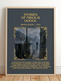 Stories of Nikolai Gogol Minimalist Book Poster by Nikolai Gogol – framed print leaning on a wooden floor