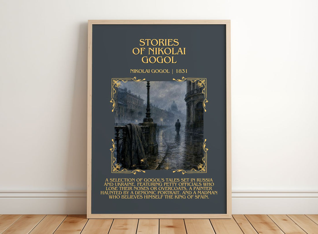 Stories of Nikolai Gogol Minimalist Book Poster by Nikolai Gogol – framed print leaning on a wooden floor